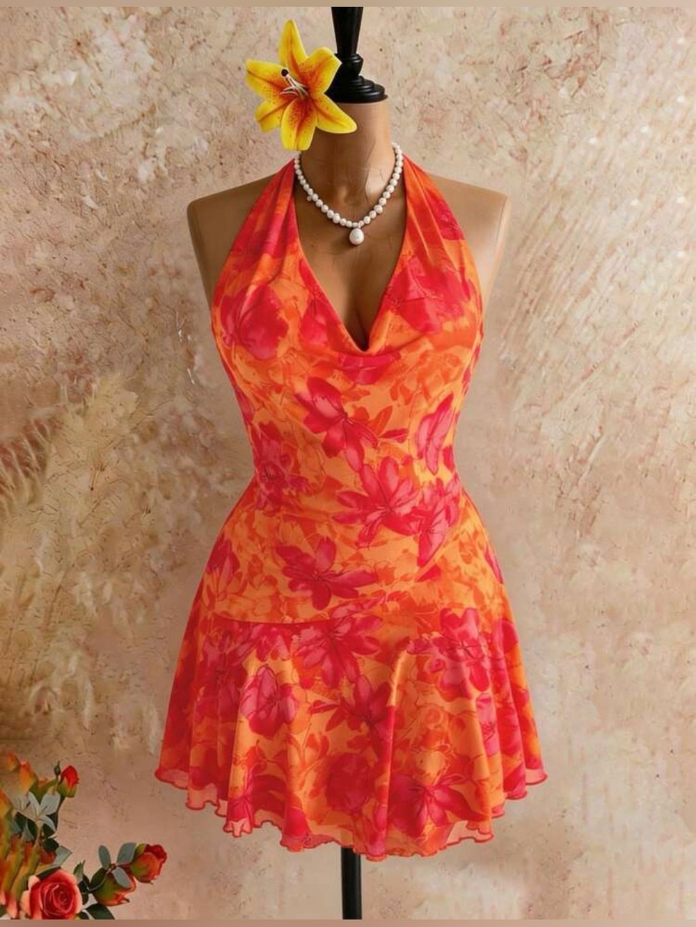 🌺Firerie Plus Size Floral Print Halter Neck Casual Dress.